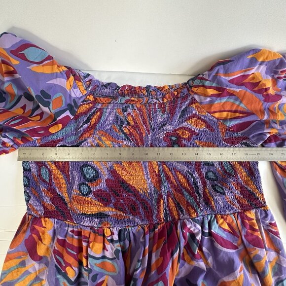 Terra & Sky Smocked Top Women's Size 1X Purple Bell S/Sleeve Artzy Abstract Boho - Picture 8 of 11